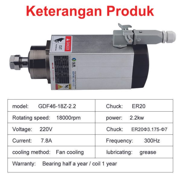 Spindle Motor 2.2KW 220V Air Cooled ER20 - Square - Image 3
