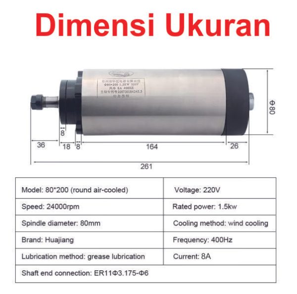 Spindle Motor 1.5kW 220V Air Cooled ER11 - Round - Image 2